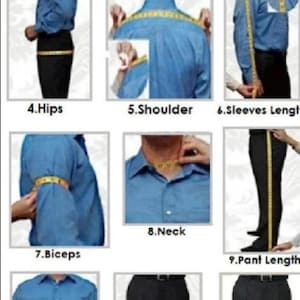 May include: A blue button-down shirt and black pants are shown with a yellow measuring tape. The image illustrates how to measure the body for clothing, including chest, waist, and sleeve length. The text "Buy it now" is visible.