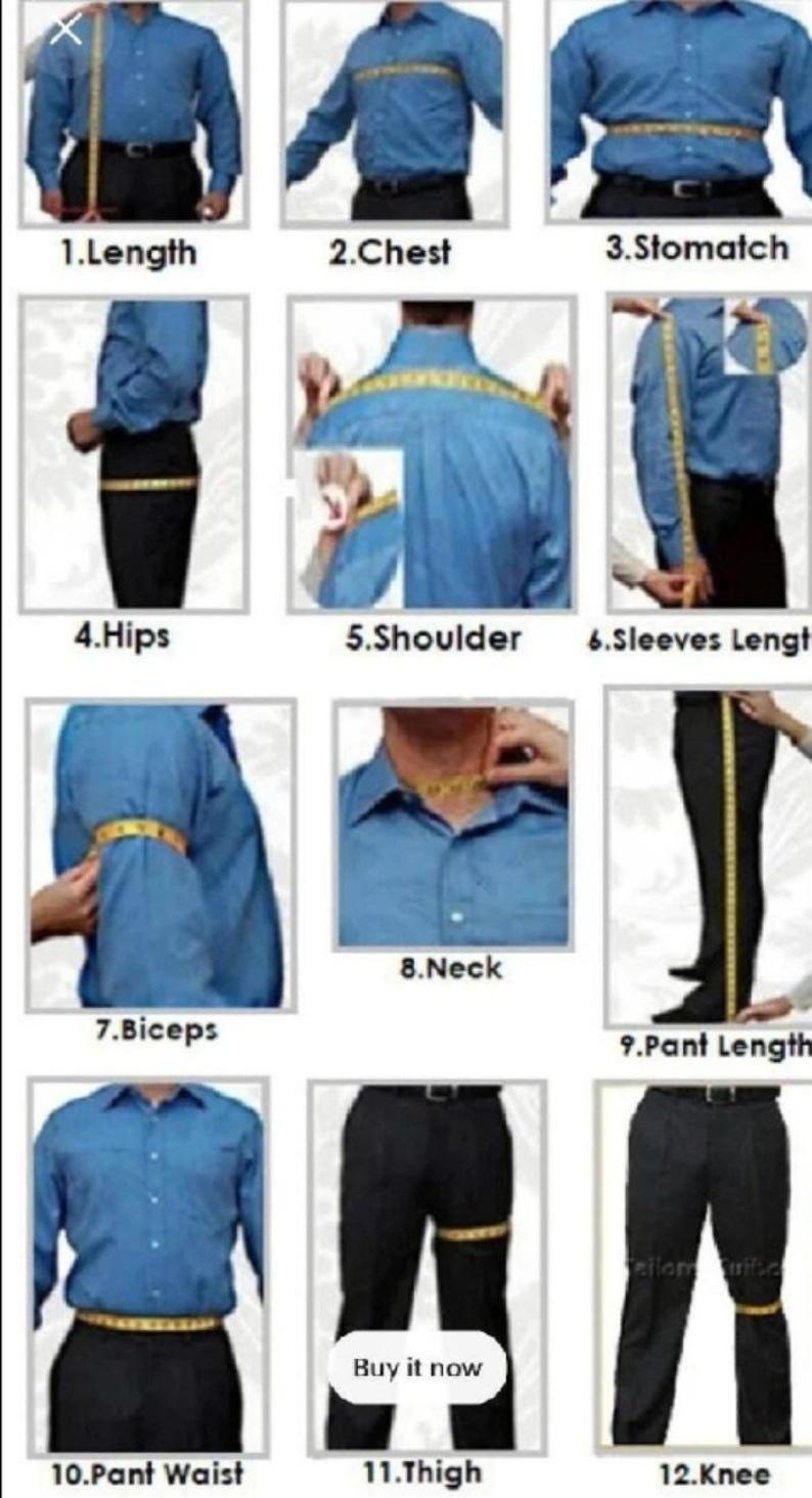 May include: A blue button-down shirt and black pants are shown with a yellow measuring tape. The image illustrates how to measure the body for clothing, including chest, waist, and sleeve length. The text "Buy it now" is visible.