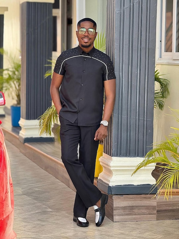 safari formal dress Men's Black Suit, Short Sleeve African Traditional Wedding Outfit, 2 Piece Kaftan, Wedding Guest Outfit, Wear BOX2025SALE
