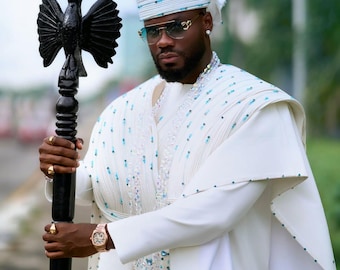 White African Agbada Men's 3-Piece Nigerian Wedding Suit, Embroidered Attire with Cap