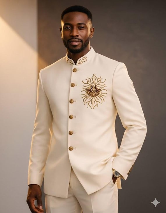 Men's White Jodhpuri Suit, Gold Crystal Beadwork, Royal Bandhgala Wedding Attire