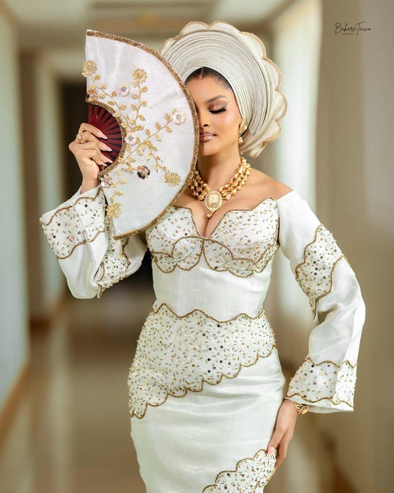 white and gold dress for wedding guest Elegant Aso-Oke 26CODE20