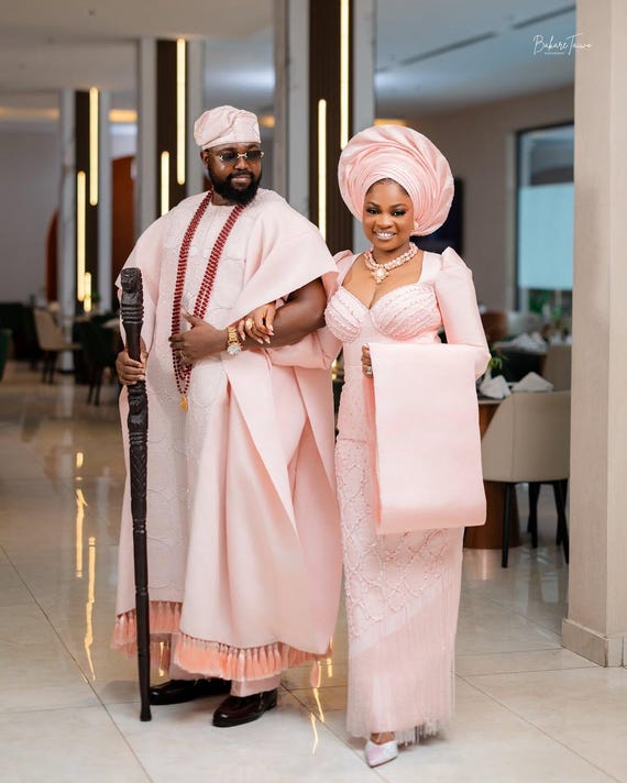 Handmade Couples Traditional Wedding Asooke: Pink Beaded African Fashion Engagement Outfit