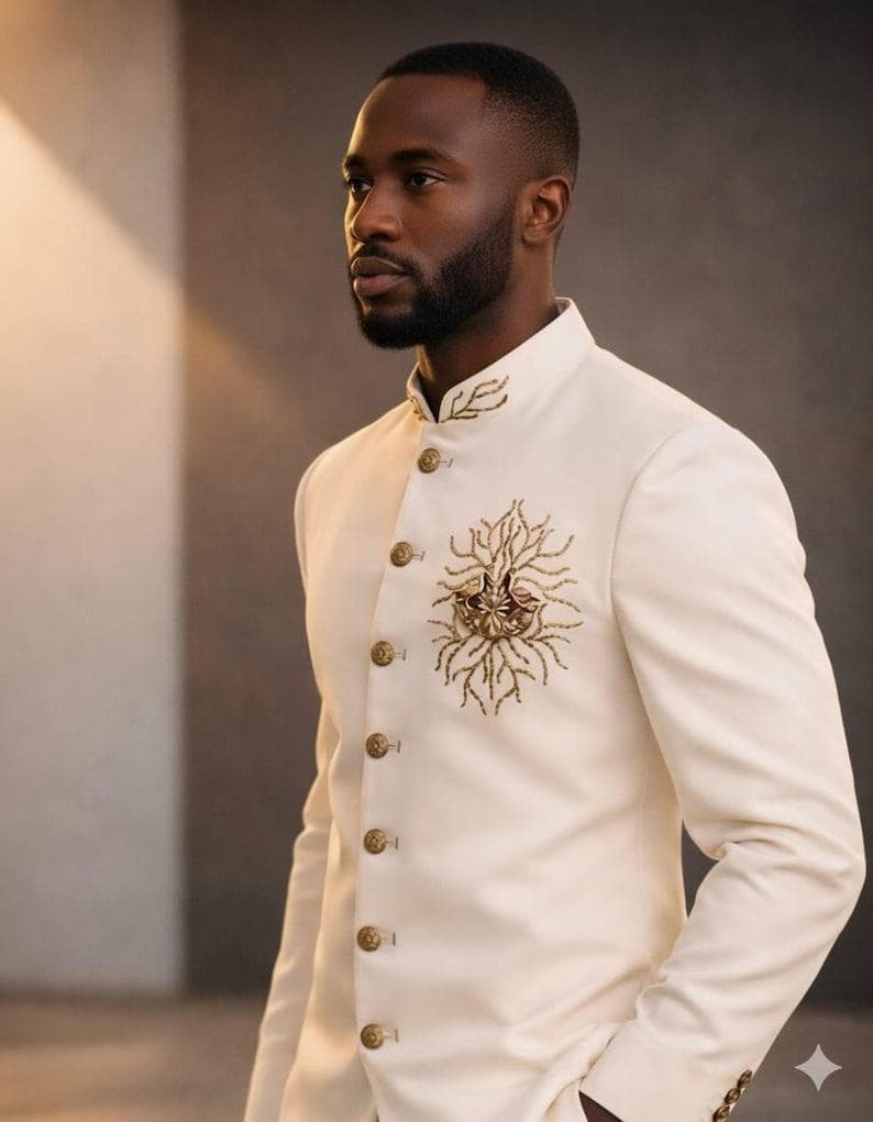 May include: Ivory-colored suit jacket with a mandarin collar and gold-colored buttons. The jacket features intricate gold embroidery on the chest and collar, creating a formal and elegant look.