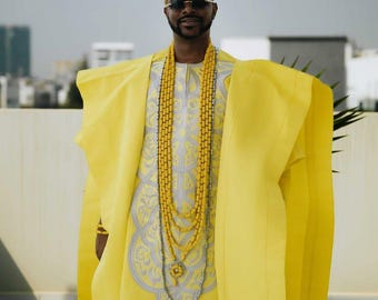 Men's Yellow Agbada 3-Piece: Aso Oke Wedding Attire, Nigerian Fashion