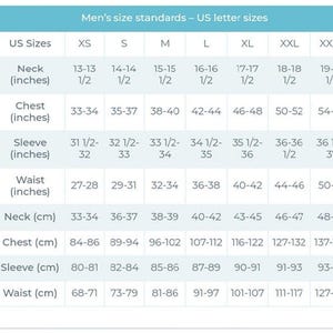 May include: A white chart titled "Men's size standards - US letter sizes" with measurements for neck, chest, sleeve, and waist in inches and centimeters. Sizes range from XS to XXXL, with neck sizes from 13-13 1/2 inches to 19-19 1/2 inches.