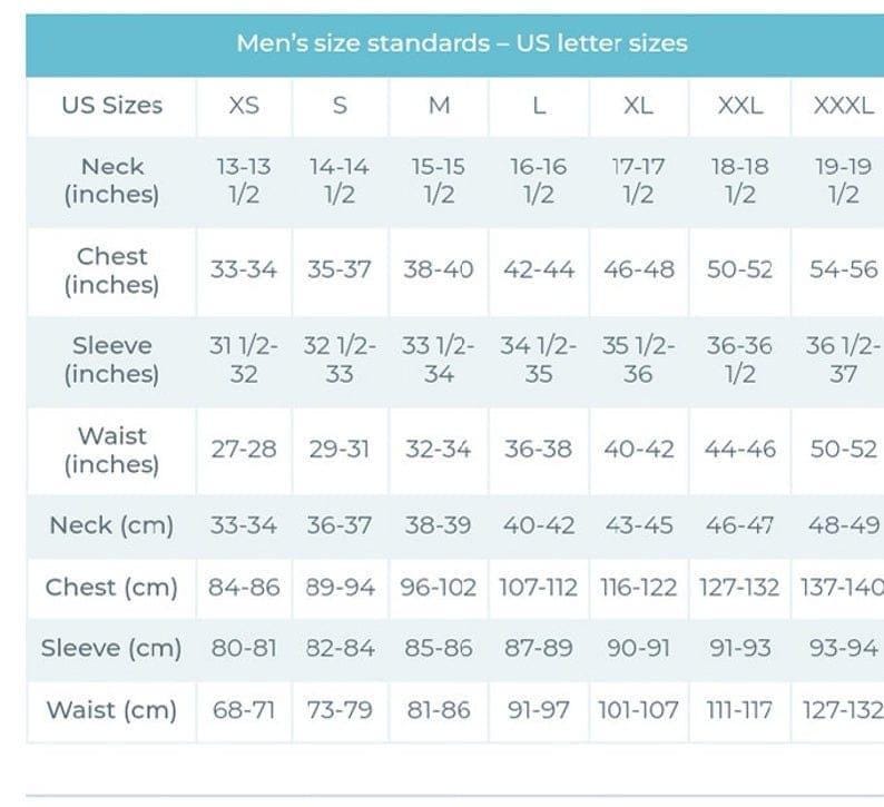May include: A white chart titled "Men's size standards - US letter sizes" with measurements for neck, chest, sleeve, and waist in inches and centimeters. Sizes range from XS to XXXL, with neck sizes from 13-13 1/2 inches to 19-19 1/2 inches.