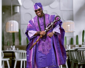 Men's Purple 3 piece Asooke Agbada, Men Clothing, Traditional Outfit, Agbada for Wedding