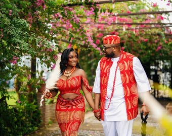 Traditionell Igbo-bröllopsoutfit för par | Matchande set med rödguldfärgad Isi Agu | Afrikansk förlovningsklänning