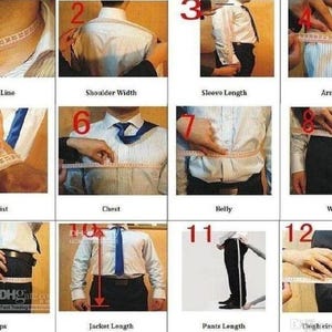 May include: A guide to measuring for a suit, showing various body measurements. Includes neck line, shoulder width, sleeve length, arm hole, wrist, chest, belly, waist, hips, jacket length, pants length, and thigh circumference.