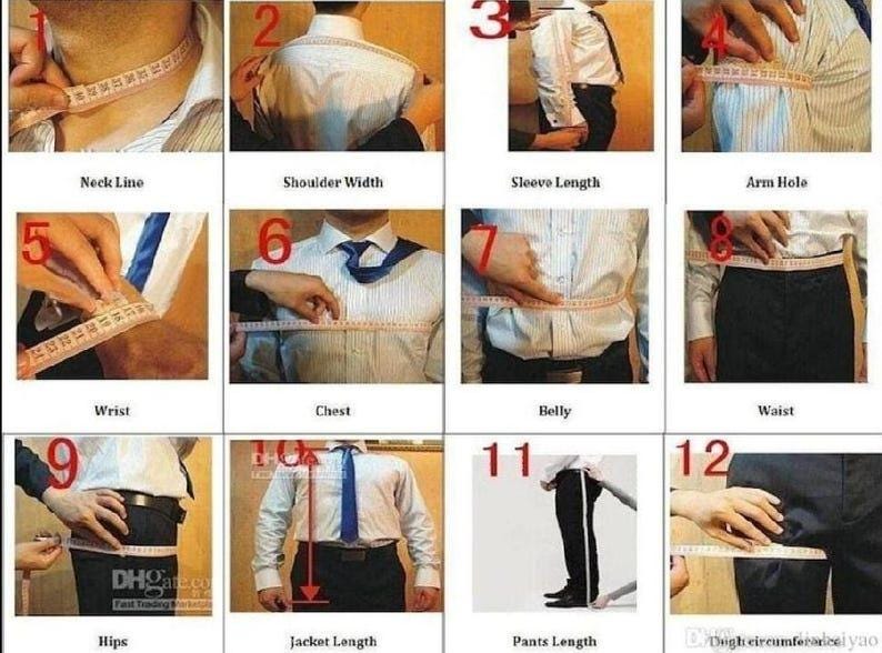 May include: A guide to measuring for a suit, showing various body measurements. Includes neck line, shoulder width, sleeve length, arm hole, wrist, chest, belly, waist, hips, jacket length, pants length, and thigh circumference.