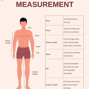May include: An illustration of a male figure with measurement points labeled: neck, chest, sleeve length, waist, hip, and inseam length. Accompanying text explains where to measure each body part for accurate sizing.