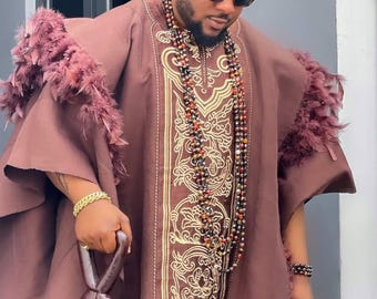 Brown Feathered Agbada 3-Piece Set: Embroidered African Groom Wedding Outfit