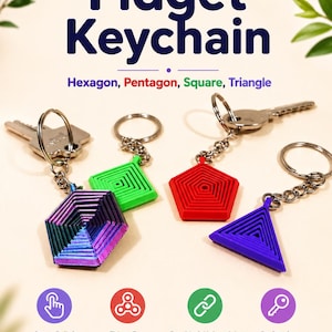 May include: Four fidget keychains in hexagon, square, pentagon, and triangle shapes with concentric geometric patterns. The hexagon is iridescent purple and blue, the square is bright green, the pentagon is red, and the triangle is purple.