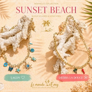 Könnte beinhalten: Zwei goldfarbene Halsketten mit Strand-Themen-Anhängern, darunter ein Schmetterling, ein Seestern und eine Sonne. Die Halsketten werden auf weißem Korallenriff vor sandigem Hintergrund präsentiert. Der Text "Sunset Beach" steht oben.