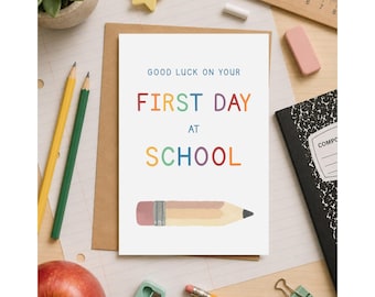 Pencil First Day Of School Card | Printable Multicolour Good Luck School | Instant Digital Download
