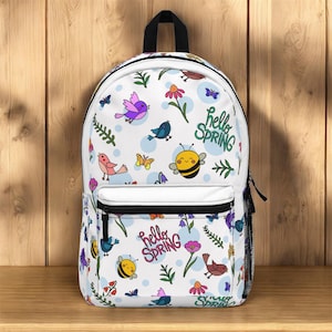 Hello Spring floral bird bee pattern Backpack | spring flowers, cartoon nature