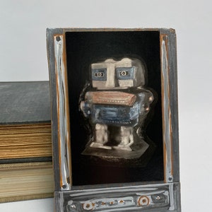Small Color Robot Photograph OOAK w/upcycled materials at hand small photo on hand painted panel imperfect art copper wire & tacks to hang