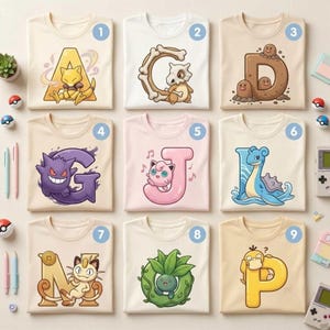May include: Nine light-colored t-shirts arranged in a grid, each featuring a letter of the alphabet paired with a cartoon creature. Designs include Abra with A, Cubone with G, Diglett with D, Gengar with G, Jigglypuff with J, Lapras with L, Meowth with M, Oddish with O, and Psyduck with P.