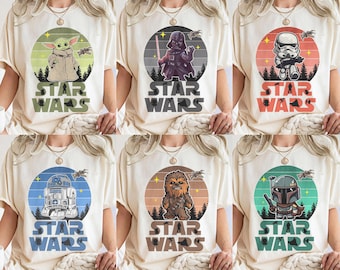Vintage Star Wars Character Shirts, Grogu Darth Vader Stormtrooper Family Matching Tee, Retro Star Wars Gift, Birthday Outfit, Disney Trip