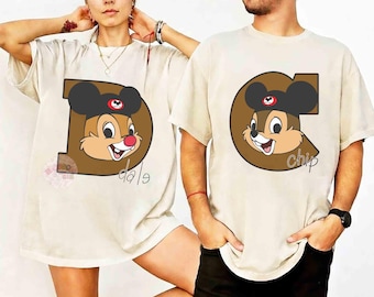 Funny Disney Chip and Dale Mickey Ears Hat Couples T-Shirt, Chip Dale Double Trouble Retro Tee, Magic Kingdom, WDW Disneyland Family Trip