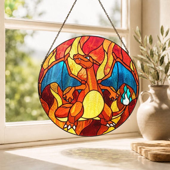 Charizard Stained Glass Style Suncatcher, Pokemon Window Decor, Round Glass Hanging, Gamer Room Art, Gift For Pokemon Fan