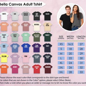 May include: A product image showcasing a variety of Bella Canvas adult t-shirts in various colors, including white, black, and heather grey. The image also includes a size chart with measurements in inches, ranging from XS to 3XL, with widths from 16.5 to 28 inches and lengths from 27 to 33 inches.
