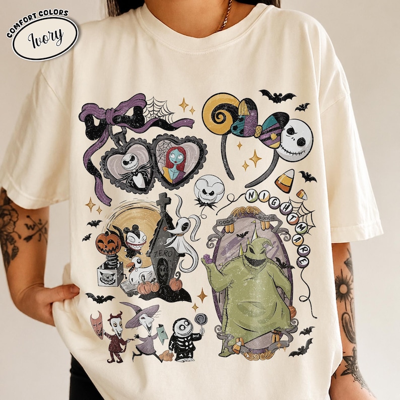 Retro Nightmare Before Christmas Coquette Shirt, Jack Skellington Sally Tee, Oogie Boogie Bash 2026, Disney Halloween Bow Party familieshirts afbeelding 1
