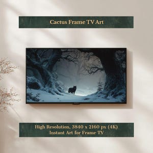 Black Wolf Samsung Frame TV Art, Winterwald 4K Digital Art, Tier-TV-Bildschirmschoner