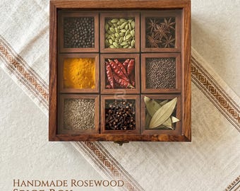 Gewürzbox aus Holz mit Glasdeckel, Rosenholz, 9 abnehmbaren Behältern, Masala Organizer