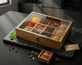 Handmade Indian Rosewood Spice Box, Brass Inlaid, 12 Containers, Glass Lid, Wooden Spoon