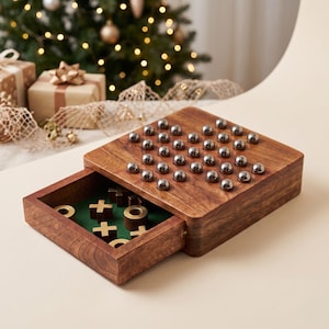 Wooden Peg Solitaire & Tic Tac Toe Set, 2-in-1 Board Game, Storage Drawer - Birthday Gift