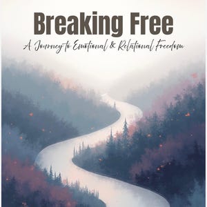 Może przedstawiać: Okładka książki z tytułem Breaking Free: A Journey to Emotional & Relational Freedom. Ilustracja przedstawia wijącą się białą ścieżkę przez mglisty, ciemnoniebieski i fioletowy las z pomarańczowymi akcentami, na tle jasnego nieba.