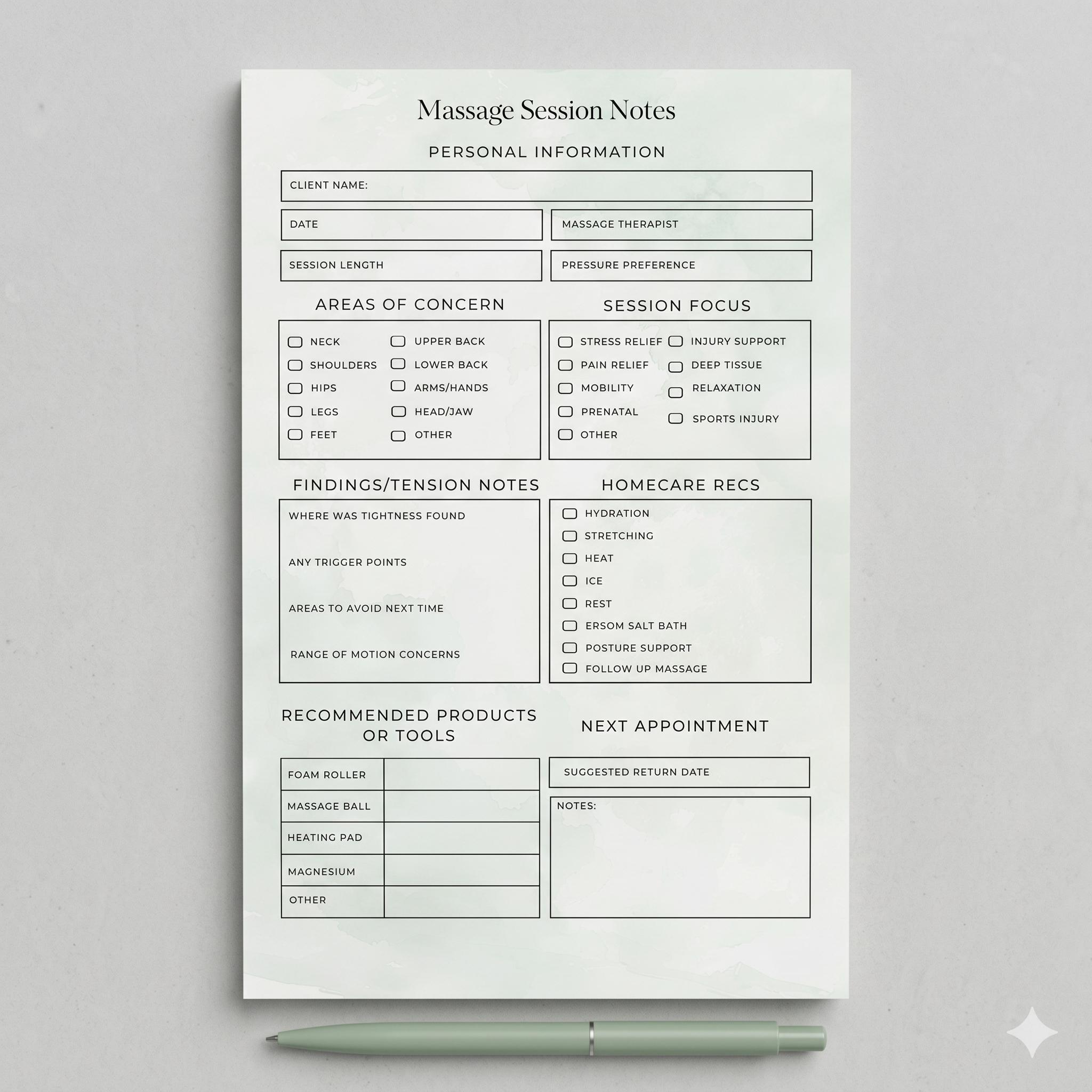 Massage Therapist Session Notes Notepad | Tear-off Client Care Pad - Etsy