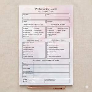 May include: A Pet Grooming Report form with sections for pet information, appointment details, behavior notes, coat/skin notes, home care recommendations, and product recommendations. A rose gold pen rests at the bottom of the form. The form has a watercolor wash background.
