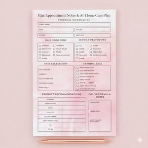 May include: A pink and white hair appointment notes and at-home care plan notepad with a rose gold pen. The notepad includes sections for client information, hair concerns, service performed, and product recommendations.