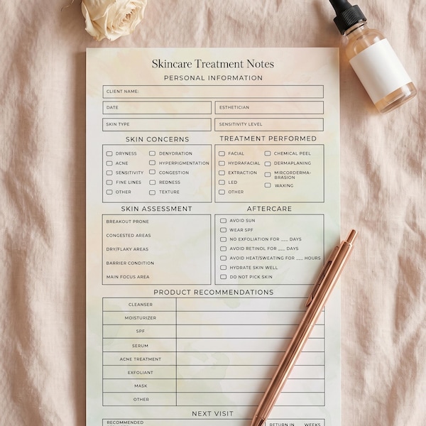 Esthetician Client Notes Notepad | Facial Consultation Form | Skincare Aftercare Pad | Spa Office Supplies | Esthetician Gift