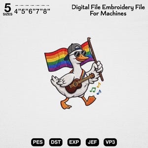 May include: A digital embroidery file for machines featuring a white duck wearing a grey baseball cap and sunglasses, holding a rainbow flag and playing a brown acoustic guitar. The design includes musical notes and text: 5 SIZES 4"5"6"7"8" Digital File Embroidery File For Machines PES DST EXP JEF VP3.