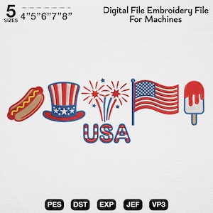 4th of July Doodle Embroidery Design, Patriotic usa Machine Embroidery File, Red White Blue Icon Line Multi Size, Summer BBQ PES DST Digital