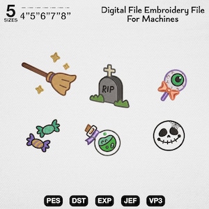 Puede incluir: Un archivo de bordado digital para máquinas con seis diseños de Halloween: una escoba marrón con estrellas amarillas, una lápida gris con el texto RIP, una piruleta de ojo verde, dos caramelos, una botella de poción y una calavera.