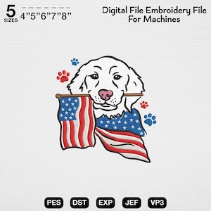 May include: A digital embroidery file for machines featuring a white dog holding a United States flag in its mouth. The design includes red and blue paw prints and text stating 5 SIZES 10cm 13cm 15cm 18cm 20cm Digital File Embroidery File For Machines.