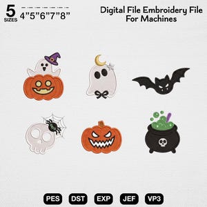 May include: A digital embroidery file for machines featuring six Halloween designs: a ghost in a pumpkin, a ghost with a moon and star, a black bat, a skull with a spider web, a jack-o'-lantern, and a cauldron. Text reads 5 SIZES 4"5"6"7"8".