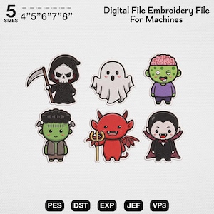 Puede incluir: Un archivo de bordado digital para máquinas con seis personajes de dibujos animados: una parca con guadaña, un fantasma blanco, un zombi verde con cerebro, un monstruo verde, un diablo rojo con tridente y un vampiro. El texto dice 5 SIZES 4" 5" 6" 7" 8" Digital File Embroidery File For Machines PES DST EXP JEF VP3.