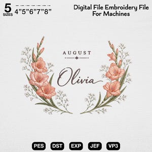 August Gladiolenkranz-Stickmuster, personalisiertes Namensmonogramm-Muster (Digitaler Download)