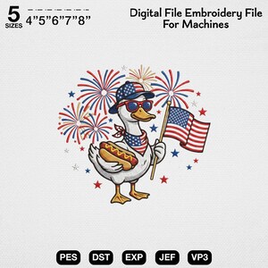 4th of July Duck Embroidery Design, Patriotic American Flag Animal Machine Embroidery File, Cute Hot Dog Fireworks Multi Size, USA PES DST