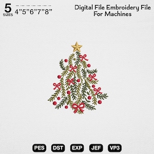 Puede incluir: Un archivo de bordado digital para máquinas con un diseño de árbol de Navidad estilizado con ramas de pino verdes, adornos circulares rojos, lazos rojos y una estrella dorada. Texto: 5 SIZES 4" 5" 6" 7" 8" y Digital File Embroidery File For Machines.