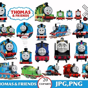 以下が含まれることがあります： カラフルなトーマス＆フレンズのトレインクリップアート画像のコレクション。画像には、青、緑、赤、黒のさまざまな列車のキャラクターと、「THOMAS & FRIENDS」と「20 CLIPARTS JPG、PNG」のテキストが含まれています。