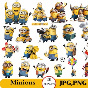Puede incluir: Una colección de 20 imágenes prediseñadas de Minions en formatos JPG y PNG. Las imágenes presentan varios Minions en diferentes poses y actividades, como sosteniendo plátanos, tocando instrumentos y conduciendo un coche. Los Minions son amarillos con petos azules.