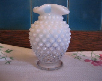 Vintage Moonstone Bud Vase, Anchor Hocking, 1940's, Vase, Opalescent, Hobnail, White glass, Depression glass