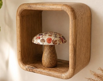 Estante flotante redondeado de roble, estante de pared de madera hecho a mano, estante cúbico minimalista, decoración escandinava, estante de exhibición cuadrado pequeño